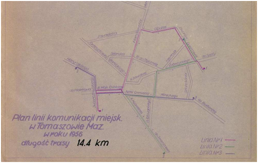 Plan linii komunikacji miejskiej 1956 roku

